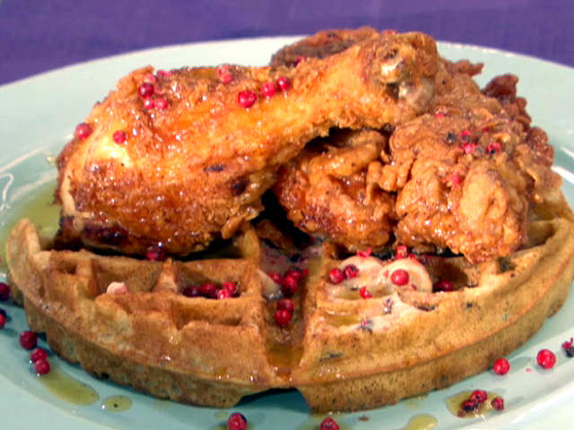 Fried Chicken And Wild Rice Waffles With Pink Peppercorn Butter And Maple Horseradish Syrup Recipe Bobby Flay Food Network